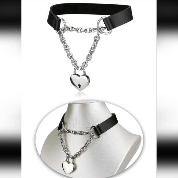 Jewelry - Functioning Heart Shaped Padlock & 2 Keys BDSM Bondage Choker Chain Collar (OS)